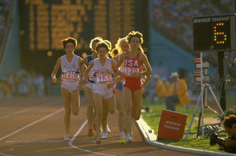 Budd and Decker vie for the lead in the 3000-meter final. Photo credit Steve Powell/Allsport/Getty Images.
